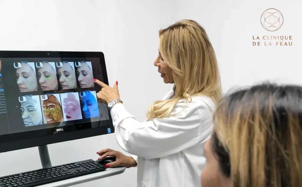 Spécialiste de La Clinique de la Peau expliquant les résultats d'une analyse numérique du visage à une patiente pour traiter les cicatrices d'acné.