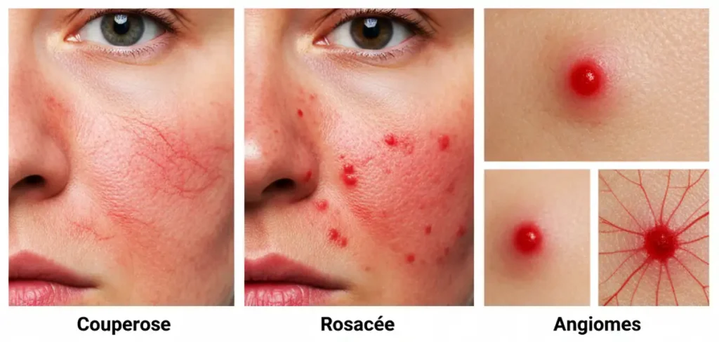 Comparatif des imperfections du visage : couperose, rosacée érythémateuse et angiomes rubis.