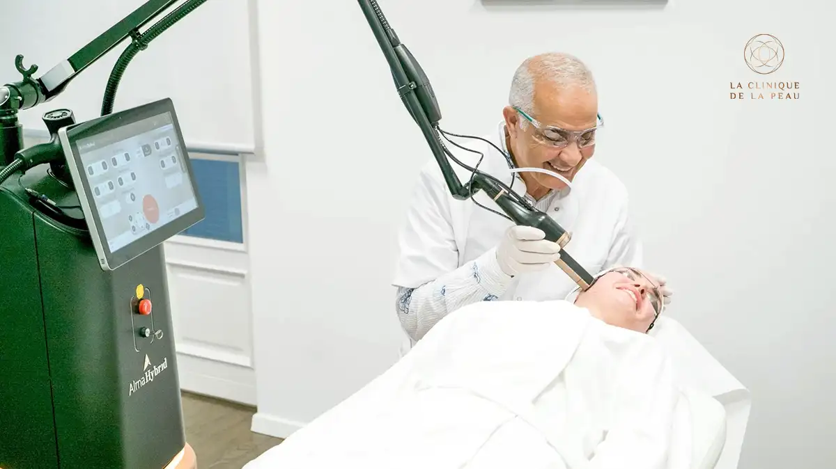 Séance de laser Derma-V dirigée par le Dr Khemis pour atténuer les imperfections du visage et les cicatrices d'acné.
