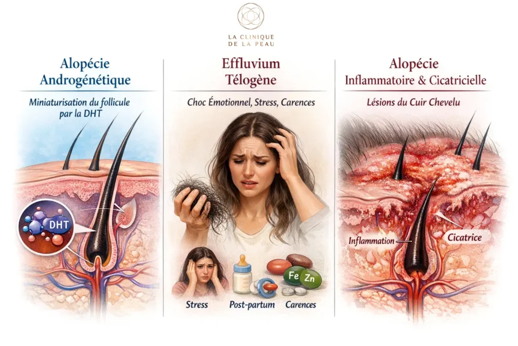 Illustration médicale des 3 causes de chute de cheveux : alopécie androgénétique, effluvium télogène et alopécie inflammatoire.