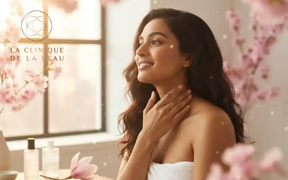 Femme prodiguant un soin à son visage pour préparer sa peau pour le printemps.