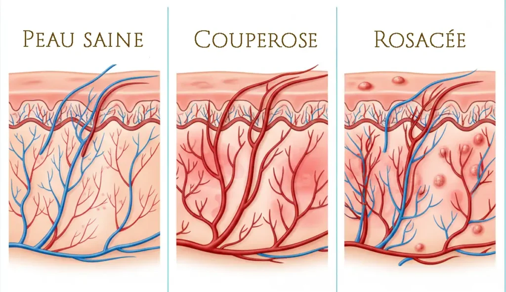 Schéma comparatif des imperfections du visage montrant les vaisseaux d'une peau saine, d'une peau avec couperose et d'une peau avec rosacée.