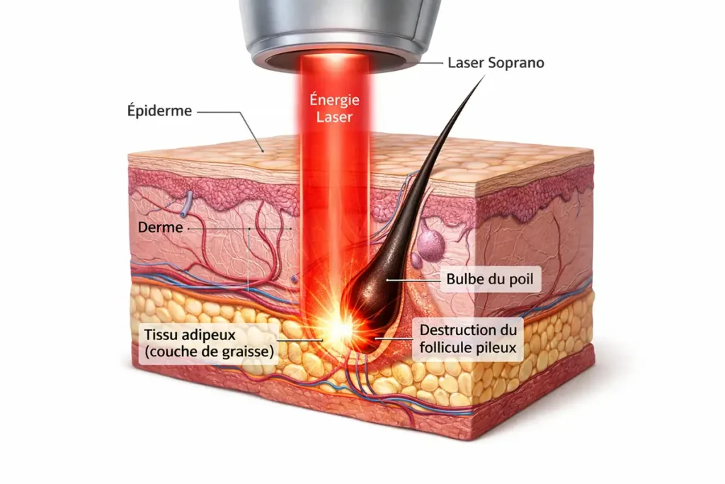 Schéma médical montrant la coupe de l'épiderme et l'action thermique du laser Soprano sur le bulbe pileux.
