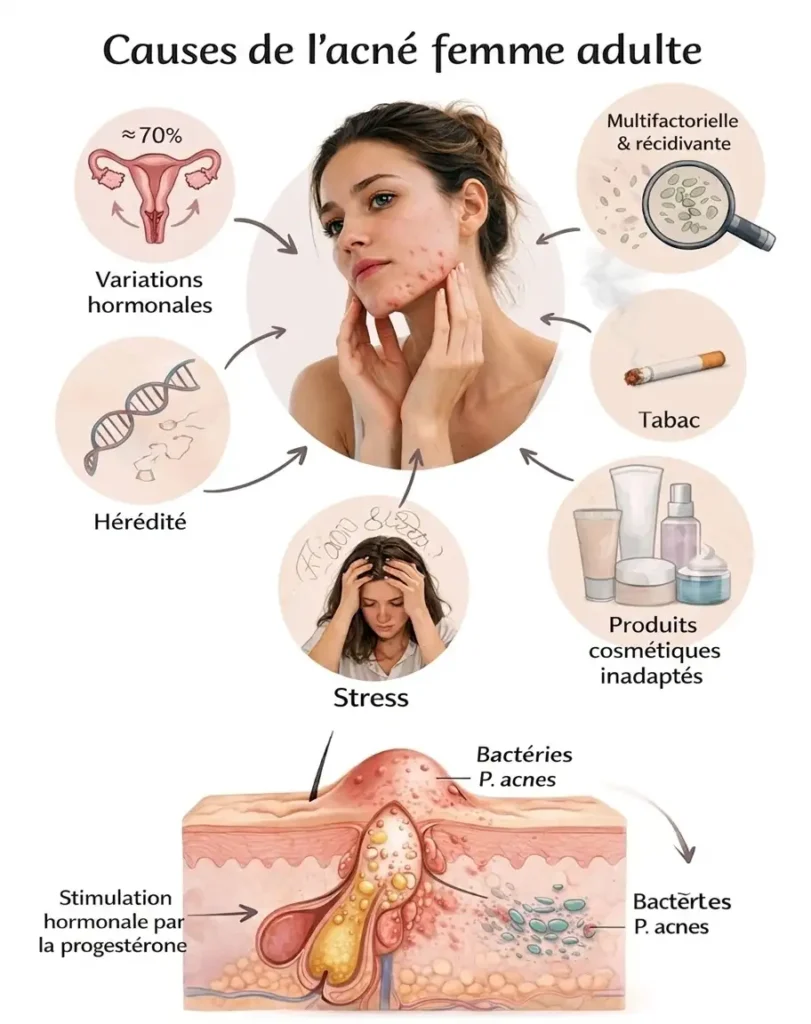 Schéma médical des causes de l'acné femme adulte : hormones, stress, hérédité et produits inadaptés.