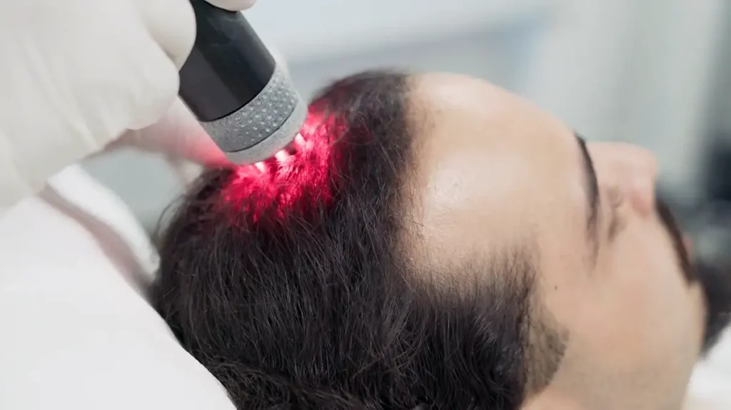 Luminothérapie LED rouge sur le cuir chevelu d'un patient pour stimuler la repousse des cheveux.
