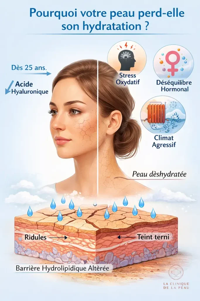 Infographie montrant pourquoi il faut hydrater la peau : impact de l'âge, du stress oxydatif et du climat sur la barrière hydrolipidique.