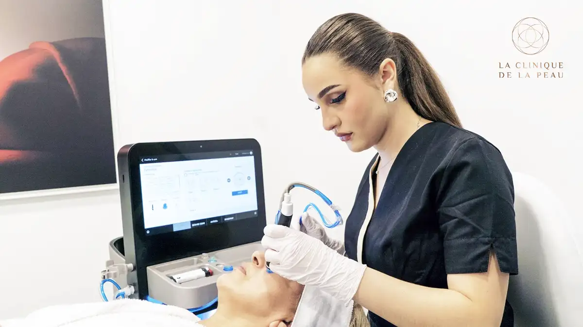 Opératrice spécialisée réalisant un soin Hydrafacial à La Clinique de la Peau pour hydrater la peau en profondeur et nettoyer l'épiderme.