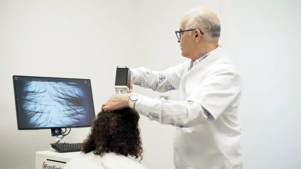 Dermatologue spécialisé analysant le cuir chevelu d'un patient avec Trichoscopie numérique HD FotoFinder.