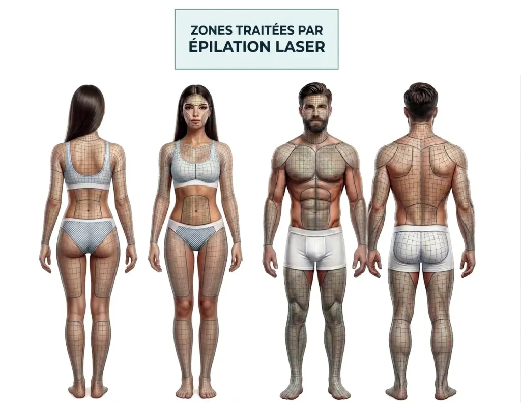 Schéma médical des zones traitées par épilation laser homme et femme à La Clinique de la Peau Nice.