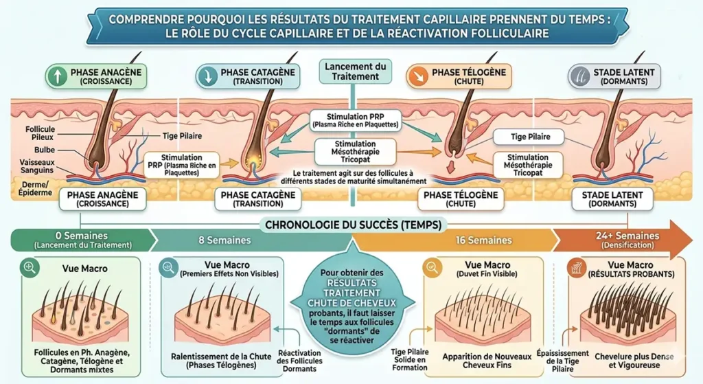 Schéma explicatif des phases anagène, catagène et télogène montrant les résultats traitement chute de cheveux sur la densité capillaire.