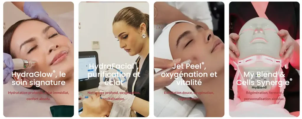 Présentation des soins experts visage à Nice : HydraGlow, HydraFacial, Jet Peel et My Blend pour avoir une peau lisse.