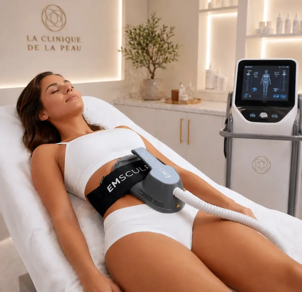 Séance d'Emsculpt Neo à la Clinique de la Peau à Nice pour sculpter les abdominaux et perdre du ventre sans chirurgie.