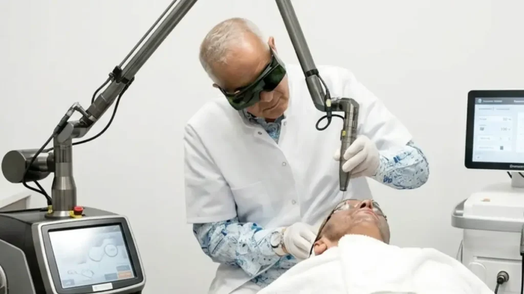 Médecin dermatologue à Nice effectuant une séance de laser Hollywood Peel au carbone sur un patient à La Clinique de la Peau.