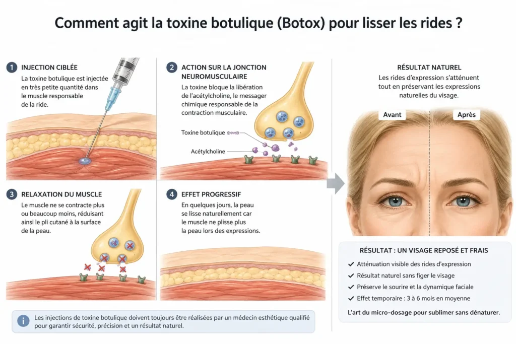 Schéma médical explicatif en 4 étapes montrant comment la toxine botulique agit sur le muscle pour lisser les rides d'expression.