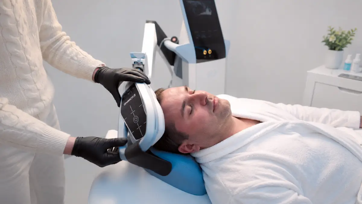 Praticien appliquant le dispositif de stimulation cérébrale ExoMind sur un patient allongé pour un soin de neuro-esthétique.