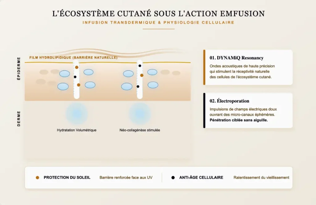 Schéma médical illustrant le mécanisme d'action cellulaire du soin EmFusion par électroporation à La Clinique de la Peau à Nice.