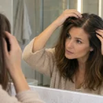 Femme observant sa raie face au miroir en raison d’une chute de cheveux en automne