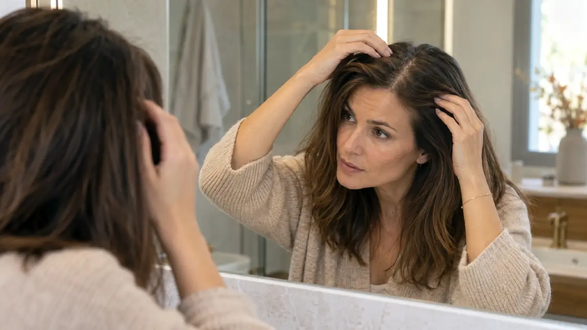 Femme observant sa raie face au miroir en raison d’une chute de cheveux en automne