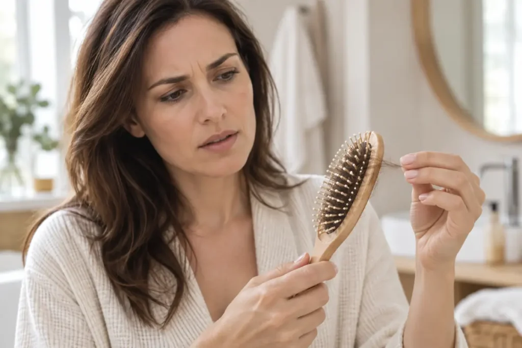 Femme observant des cheveux tombés sur sa brosse