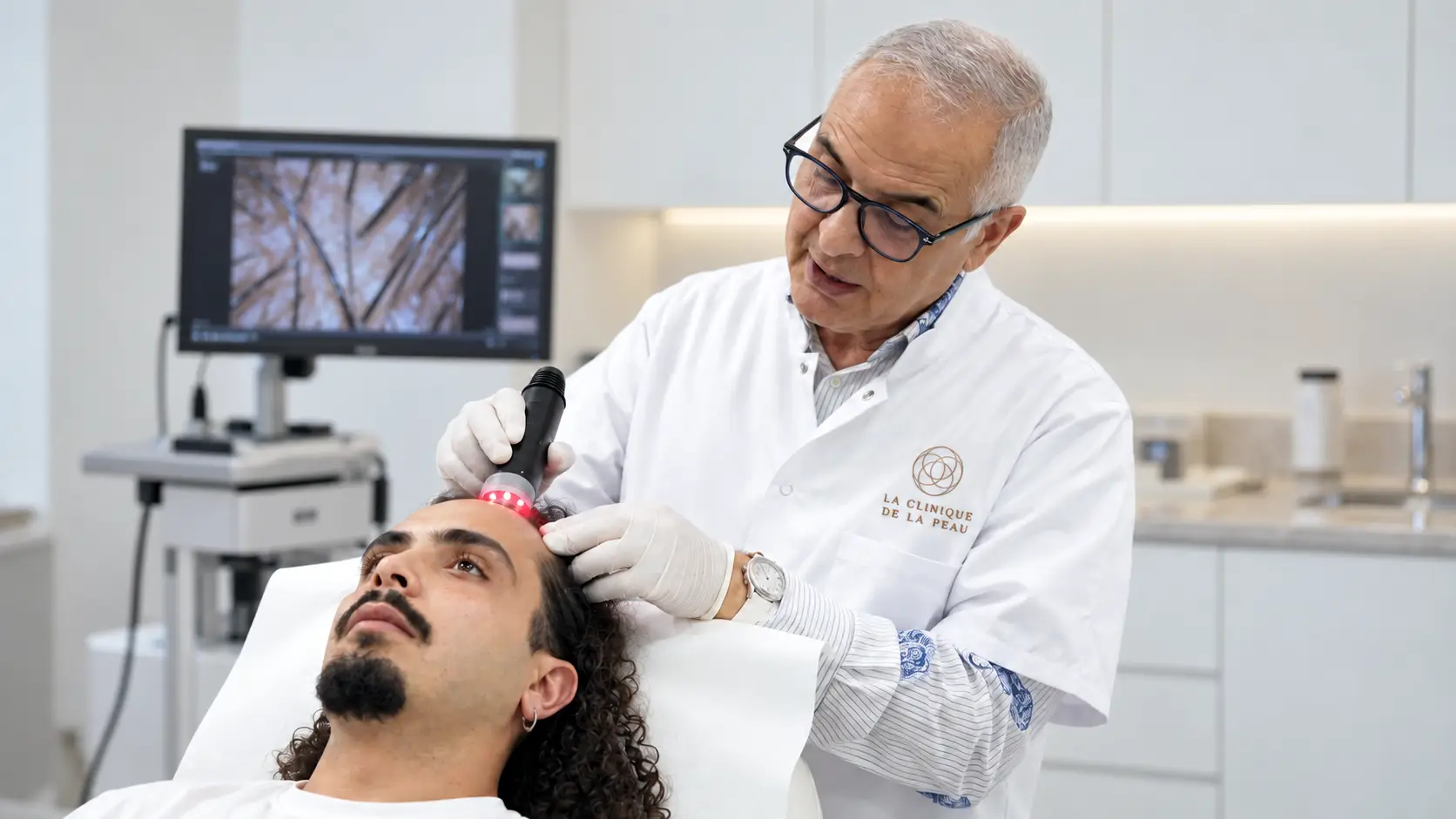 Examen de la ligne frontale d’un homme avec un trichoscope à La Clinique de la Peau pour détecter les signes d'une chute de cheveux chez l’homme.