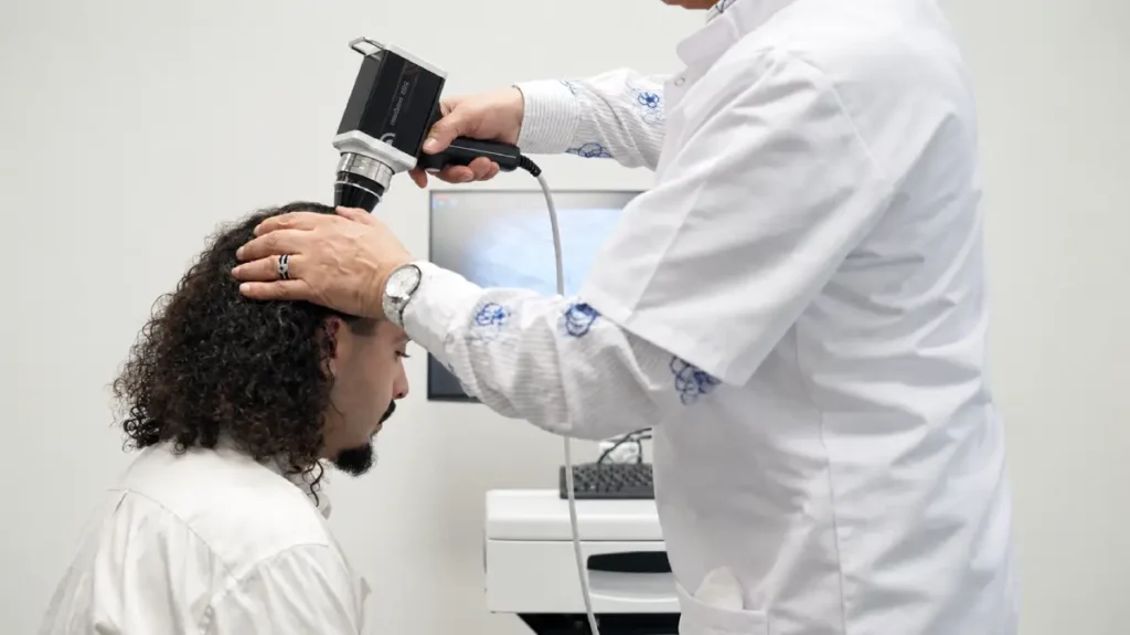 Le Dr Khemis examine la ligne frontale d’un patient à l’aide d’un trichoscope pour détecter les signes d'une chute de cheveux chez l’homme