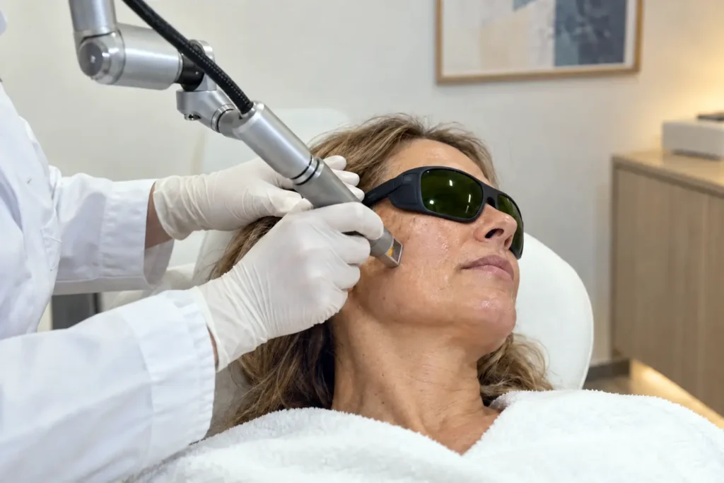 Traitement laser dermatologique de la joue avec lunettes de protection dans une clinique esthétique à Nice