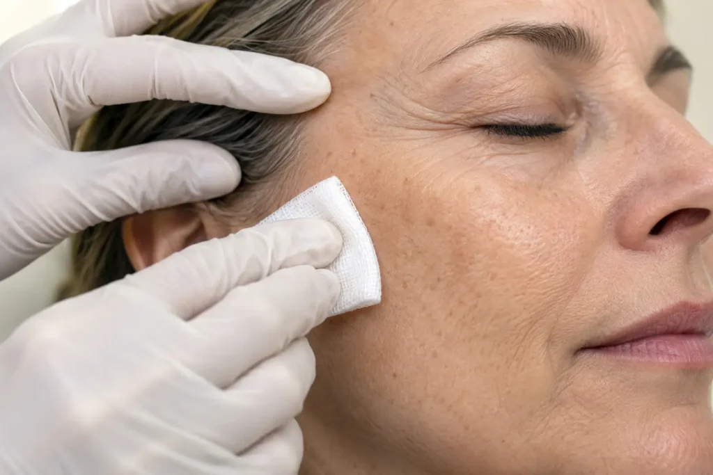 Application d’un peeling dermatologique à la compresse sur la joue d’une patiente