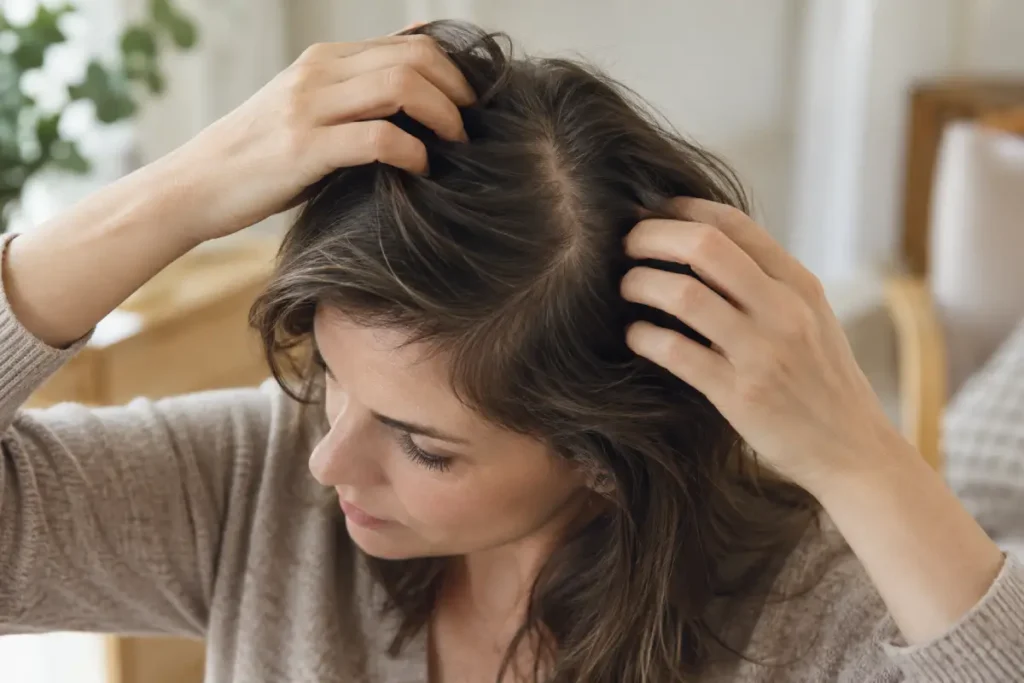 Femme observant une raie légèrement élargie et sa densité capillaire