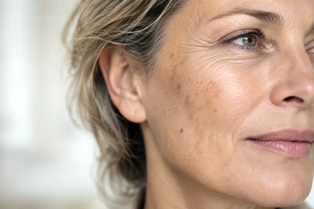 Texture naturelle d’une peau mature avec de légères taches après l’été
