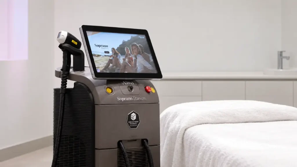 Laser Soprano Titanium avec son écran et sa pièce à main, à côté d’un fauteuil de soin à La clinique de la Peau à Nice