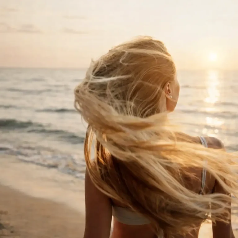 lutter contre la chute de cheveux. Femme aux longs cheveux sur une plage de Nice, profitant de la brise marine au coucher du soleil.