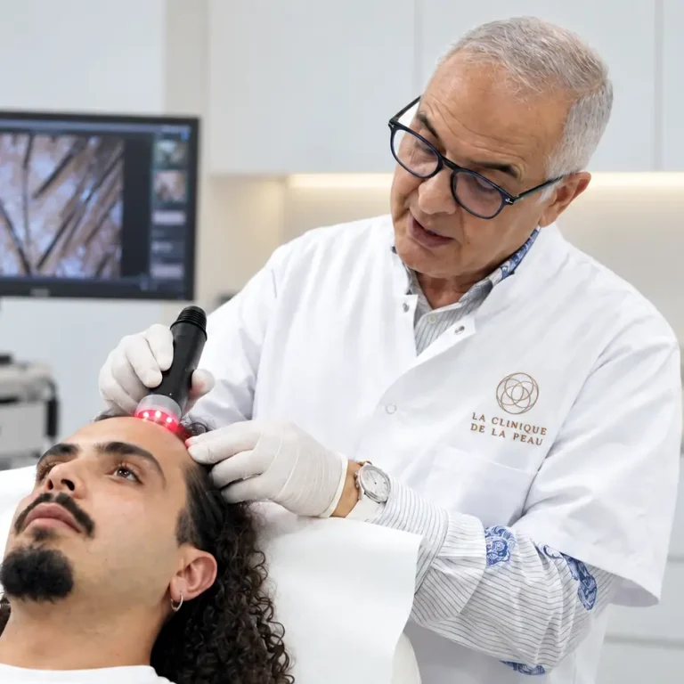 Examen de la ligne frontale d’un homme avec un trichoscope à La Clinique de la Peau pour détecter les signes d'une chute de cheveux chez l’homme.