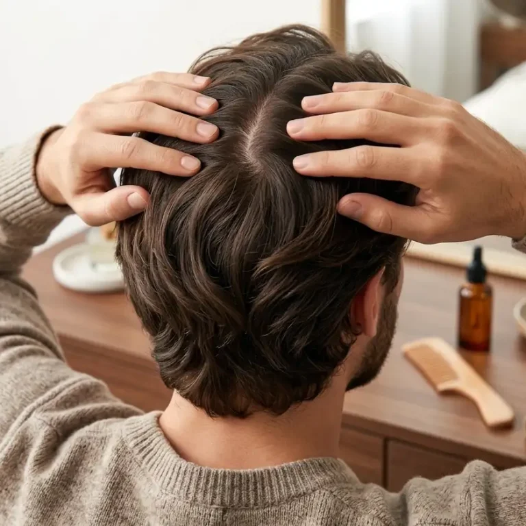 Résultats traitement chute de cheveux : Homme de dos se regardant dans un miroir et touchant sa chevelure dense et vigoureuse après un protocole de soin capillaire à Nice.